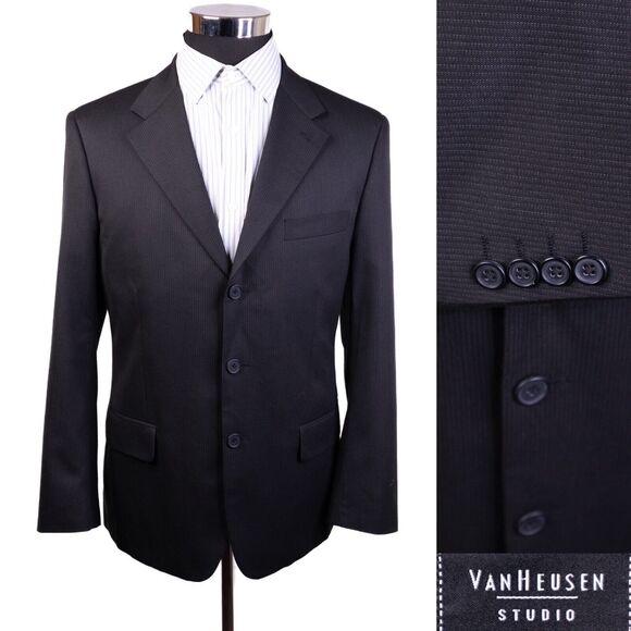 Van Heusen Mens 3 Button Modern Fit Blazer Jacket Striped Black Size 42s - Picture 1 of 13
